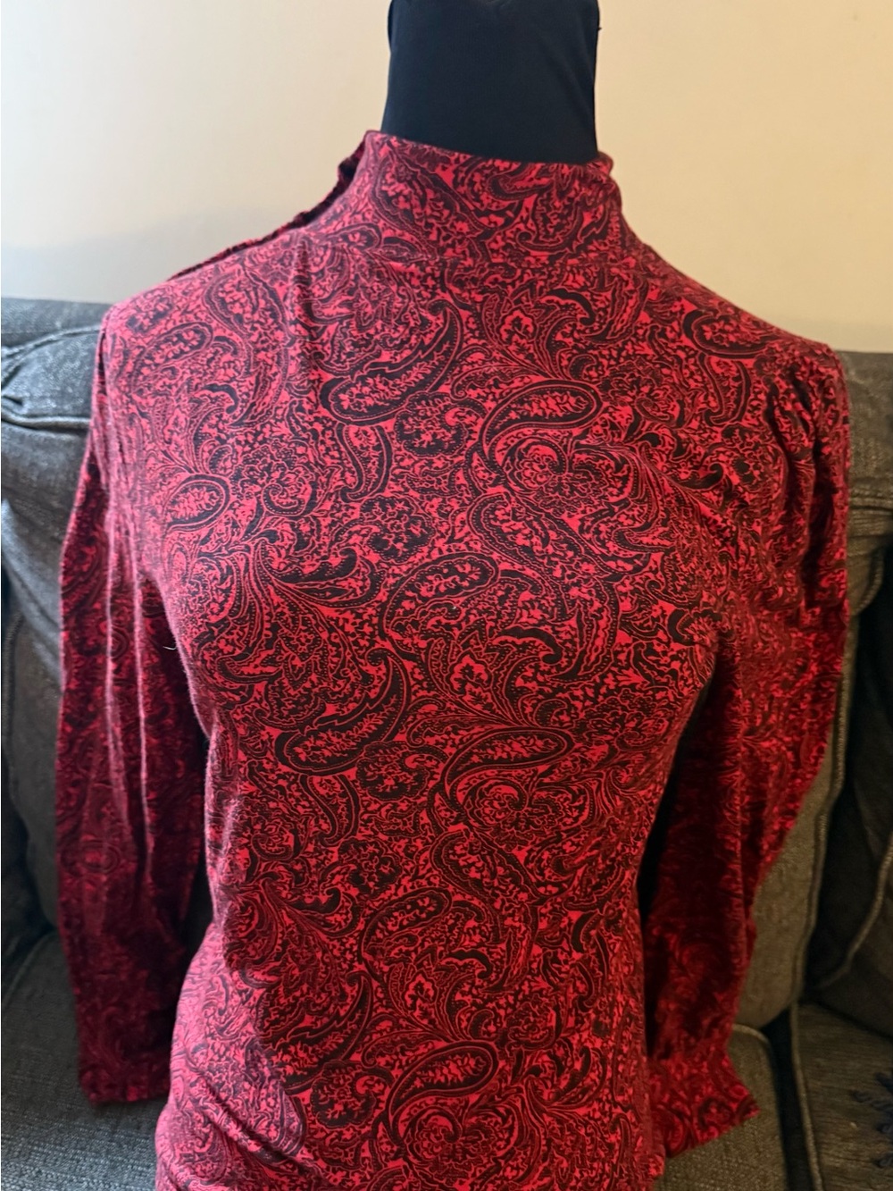 Red and black Vintage Y2K long sleeve Paisley Mock Neck Top 94% cotton